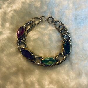 🍀VTG Gold Bracelet with Multicolor Marquise Shaped Stones